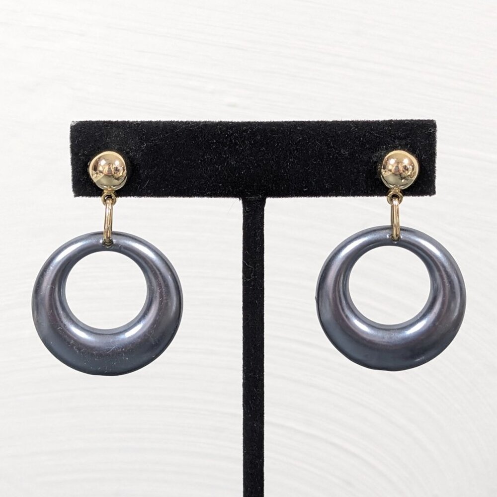 Vintage Gray Pearlized Round Hoop Dangle Pierced‎ Earrings Gold Tone